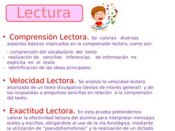 •  Comprensión Lectora. Se  valoran   diversos   
aspectos básicos implicados en la comprensión lectora, como son: 
- compren
