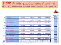 2° TAREA  Ahora debemos encontrar el grupo de artrópodos al que 
pertenece cada uno de estos animales, mira su numero y los p