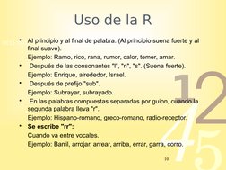 42
5
1
0011 0010 1010 1101 0001 0100 1011
Uso de la R
•
Al principio y al final de palabra. (Al principio suena fuerte y al
