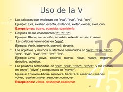 42
5
1
0011 0010 1010 1101 0001 0100 1011
Uso de la V
•
Las palabras que empiezan por "eva", "eve", "evi", "evo".
Ejemplo: Ev