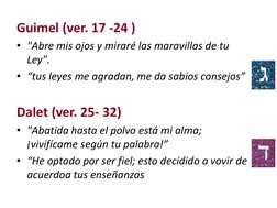 Guimel (ver. 17 -24 )
• "Abre mis ojos y miraré las maravillas de tu 
Ley".
• “tus leyes me agradan, me da sabios consejos”
D