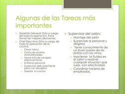 Algunas de las Tareas más 
importantes

Gerente General: Esta a cargo 
de toda la operación. Para 
tomar las mejores decisio