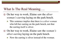 What Is The Real Meaning….
On her way to work, Elaine saw the silver 
woman’s earring laying on the park bench. 
This sente