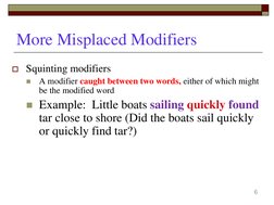 More Misplaced Modifiers
6
Squinting modifiers

A modifier caught between two words, either of which might 
be the modified