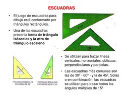 •
El juego de escuadras para 
dibujo está conformado por 
triángulos rectángulos. 
•
Una de las escuadras 
presenta forma de