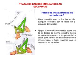 TRAZADOS BASICOS EMPLEANDO LAS 
ESCUADRAS 
Trazado de líneas paralelas a la 
recta dada AB 
Hacer coincidir uno de los borde