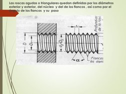 Las roscas agudas o triangulares quedan definidas por los diámetros         
exterior y exterior, del núcleo  y del de los fl