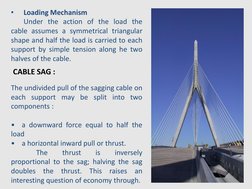 •
Loading Mechanism
Under the action of the load the
cable assumes a symmetrical triangular
shape and half the load is carrie