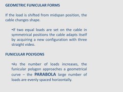 GEOMETRIC FUNICULAR FORMS
If the load is shifted from midspan position, the
cable changes shape.
•If two equal loads are set