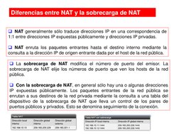 Diferencias entre NAT y la sobrecarga de NAT
NAT generalmente sólo traduce direcciones IP en una correspondencia de
1:1 entr