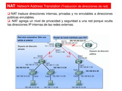NAT traduce direcciones internas, privadas y no enrutables a direcciones
públicas enrutables.
NAT agrega un nivel de privac