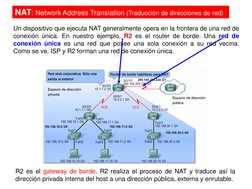 Un dispositivo que ejecuta NAT generalmente opera en la frontera de una red de
conexión única. En nuestro ejemplo, R2 es el r