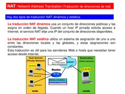 La traducción NAT dinámica usa un conjunto de direcciones públicas y las
asigna en orden de llegada. Cuando un host IP privad