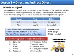 What is an object?  
An object in grammar is a part of a sentence, and often part of the predicate. It refers 
to someone or