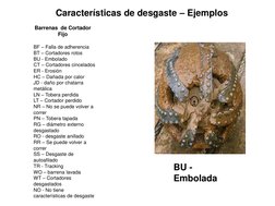 Características de desgaste – Ejemplos 
BF – Falla de adherencia 
BT – Cortadores rotos 
BU - Embolado 
CT – Cortadores cince