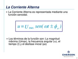 La Corriente Alterna
La Corriente Alterna es representada mediante una 
función senoidal.
)
t
sen(
U
 
=
u 
o


max
Los