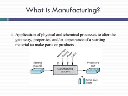 What is Manufacturing?  
 Application of physical and chemical processes to alter the 
geometry, properties, and/or appearan
