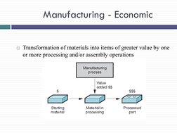 Manufacturing - Economic 
 Transformation of materials into items of greater value by one 
or more processing and/or assembl