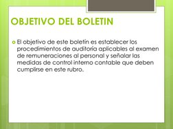 OBJETIVO DEL BOLETIN
El objetivo de este boletín es establecer los 
procedimientos de auditoría aplicables al examen 
de rem