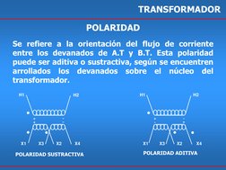 Se refiere a la orientación del flujo de corriente 
entre los devanados de A.T y B.T. Esta polaridad 
puede ser aditiva o sus
