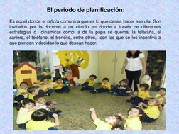 El periodo de planificación: 
Es aquel donde el niño/a comunica que es lo que desea hacer ese día. Son
invitados por la docen