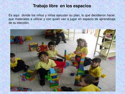 Trabajo libre en los espacios
Es aquí donde los niños y niñas ejecutan su plan, lo que decidieron hacer,
que materiales a uti
