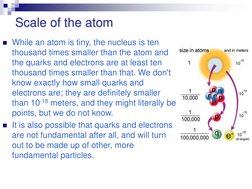 Scale of the atom
While an atom is tiny, the nucleus is ten 
thousand times smaller than the atom and 
the quarks and electr