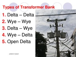 Types of Transformer Bank 
1. Delta – Delta 
2. Wye – Wye 
3. Delta – Wye 
4. Wye – Delta 
5. Open Delta 
 
JURIEVE R. BAGAY