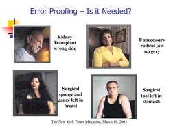 Error Proofing – Is it Needed?
The New York Times Magazine, March 16, 2003
Kidney 
Transplant 
wrong side
Unnecessary 
radica