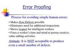 Error Proofing
Process for avoiding simple human errors:
• Makes Zero Defects possible
• Eliminates need for additional inspe