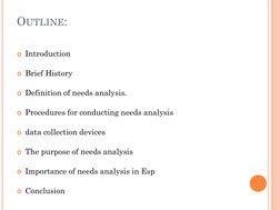 OUTLINE:
Introduction
Brief History
Definition of needs analysis.
Procedures for conducting needs analysis
data collecti