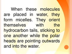 When these molecules
are placed in water, they
form micelles. They orient
themselves
with
the
hydrocarbon tails, sticking to