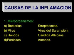 CAUSAS DE LA INFLAMACION
1. Microorganismos:
a) Bacterias
b) Virus
c) Hongos
d)Parásitos
Streptococos.
Virus del Sarampión.
C