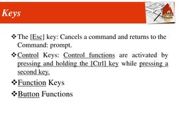 Keys
The [Esc] key: Cancels a command and returns to the 
Command: prompt. 
Control Keys: Control functions are activated b