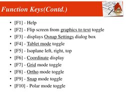• [F1] - Help
• [F2] - Flip screen from graphics to text toggle
• [F3] - displays Osnap Settings dialog box
• [F4] - Tablet m