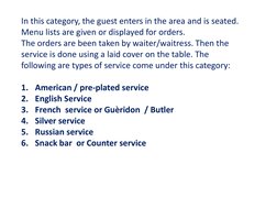 Types of Food and Beverage Service | PDF | Tableware | Buffet