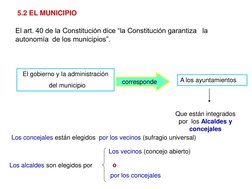 5.2 EL MUNICIPIO
El art. 40 de la Constitución dice “la Constitución garantiza   la 
autonomía  de los municipios”.
El gobier