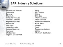 January 2007 (v1.0)
The Rushmore Group, LLC
10
SAP: Industry Solutions
•
Aerospace & Defense
•
Automotive
•
Banking
•
Chemica