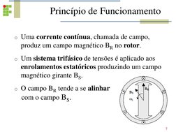 Princípio de Funcionamento
o Uma corrente contínua, chamada de campo, 
produz um campo magnético BR no rotor.
o Um sistema tr