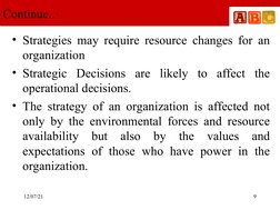 12/07/21
 
9
Continue..
• Strategies may require resource changes for an 
organization
• Strategic Decisions are likely to af