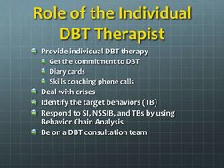 Role of the Individual 
DBT Therapist
Provide individual DBT therapy
Get the commitment to DBT
Diary cards
Skills coaching ph