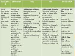 DIAGOSTIC
O
DEFINICION
NOC
NIC
EVALUACION
00032 
Dolor agudo
R/C agentes 
lesivos 
(biológicos) 
E/P 
observación 
de 
eviden