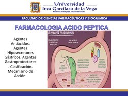 FARMACOLOGIA ACIDO PEPTICA
Agentes 
Antiácidos. 
Agentes 
Hiposecretores
Gástricos. Agentes 
Gastroprotectores
. Clasificació