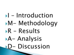 I – Introduction
M- Methodology
R – Results
A- Analysis
D- Discussion
