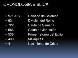 971 A.C.
Reinado de Salomón
931
División del Reino
722
Caída de Samaria
586
Caída de Jerusalén
536
Primer retorno del Ex