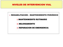 NIVELES DE INTERVENCION VIAL
I. REHABILITACION – MANTENIMIENTO PERIÓDICO
II. MANTENIMIENTO RUTINARIO
III. MEJORAMIENTO
IV. RE