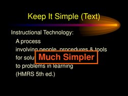 Keep It Simple (Text)
A process
involving people, procedures & tools
for solutions
to problems in learning
(HMRS 5th ed.)
Ins