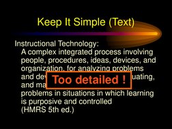 Keep It Simple (Text)
Instructional Technology:
A complex integrated process involving 
people, procedures, ideas, devices, a