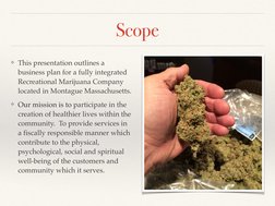 Scope
❖This presentation outlines a 
business plan for a fully integrated 
Recreational Marijuana Company 
located in Montagu
