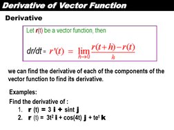 Derivative of Vector Function
Derivative
Examples:
Find the derivative of :
1.
r (t) = 3 i + sint j
2.
r (t) = 3t2 i + cos(4t